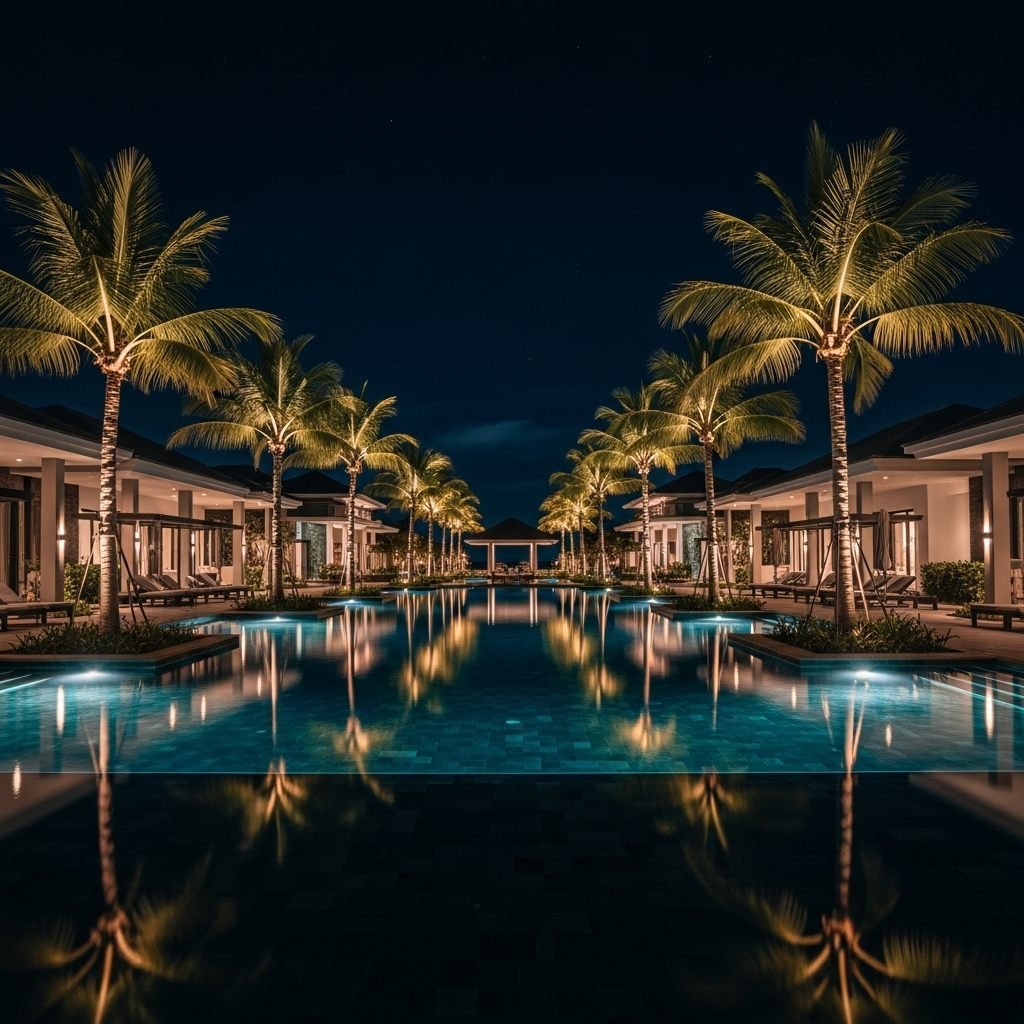 Luxury resort pool illuminated at night